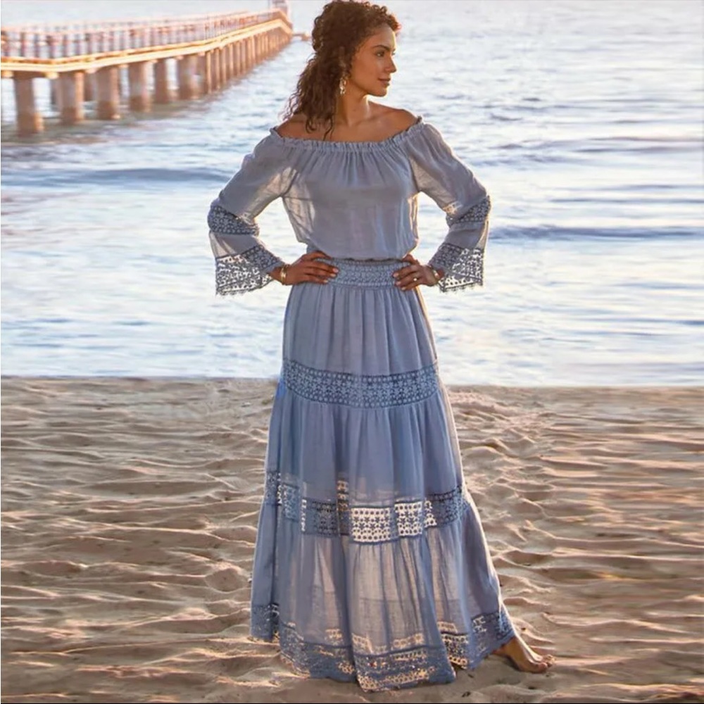 SOFT SURROUNDINGS Off The Shoulder Emma Blue Tiered Maxi Dress